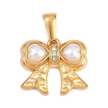 Hammered 304 Stainless Steel Plastic Imitation Pearl Pendants, Bowknot Charms, with Rhinestone, Golden, 18x20.5x5mm, Hole: 5x2.5mm