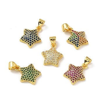 Brass Micro Pave Cubic Zirconia Pendants, Real 18K Gold Plated, Lead Free & Cadmium Free & Nickel Free, Star, Mixed Color, 15x12x4mm, Hole: 4x3.5mm