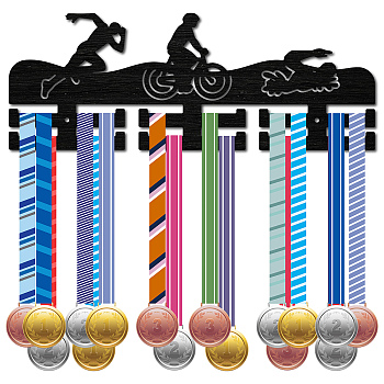 Fashion Wood Medal Hanger Holder, 2 Line Display Wall Rack, with Screws & Anchor Plug, Triathlon, Sports, 150x400mm, Hole: 5mm