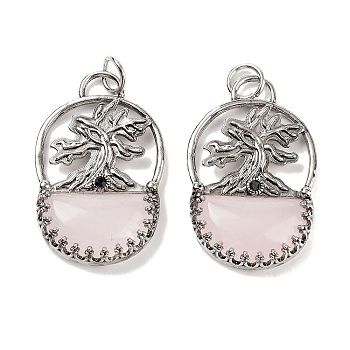 Natural Rose Quartz Bag Pendants, Rack Plating Antique Silver Plated Brass Tree Charms, Cadmium Free & Lead Free, 41x26x6mm, Hole: 5.5mm