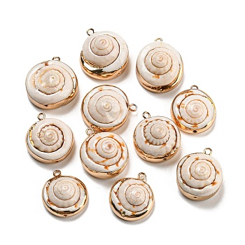 Natural Conch Shell Pendants, Flat Round Charms with Brass Edge, Golden, 21~22.5x18~19.5x9.5~15mm, Hole: 1.6mm
