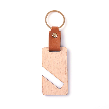 Wooden & Imitation Leather Pendant Keychain, with Iron Rings, Rectangle, 12cm