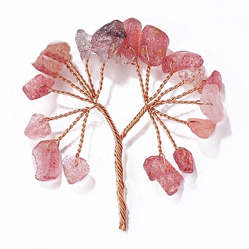 Natural Strawberry Quartz Chips Tree Decorations, Copper Wire Feng Shui Energy Stone Gift for Home Office Desktop, 50~55mm