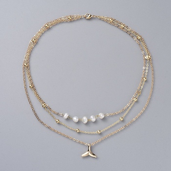 3 Layered Necklaces, with Natural Pearl, Brass Chains and Pendants, Whale Tail Shape, White, Real 18K Gold Plated, 14.17 inch(36cm)