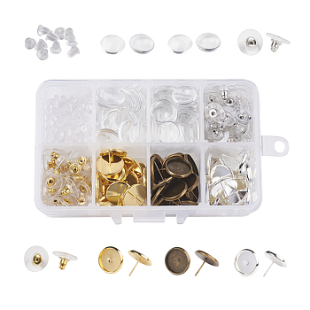 DIY Earring Making, with Brass Stud Earring Findings, Plastic/Brass Earring Ear Nuts Earrings Backs and Transparent Glass Cabochons, Flat Round, Mixed Color, 11x6.8x2.9cm