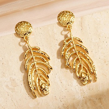 304 Stainless Steel Stud Earrings for Women, Leaf, Golden, 55x19.5mm