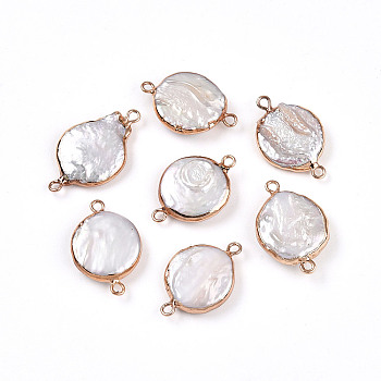 Electroplated Natural Keshi Pearl Flat Round Connector Charms, Cultured Freshwater Pearl Baroque Pearls Links, Golden, Seashell Color, 23.5~28.5x15.5~17x4.5~8.5mm, Hole: 1.8mm