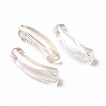 UV Plating Transparent Rainbow Iridescent Acrylic Beads, Curved Tube, Clear, 32~33x10x8mm, Hole: 1.6mm