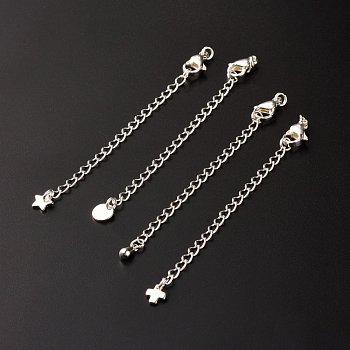 304 Stainless Steel Chain Extender, with Charms, Curb Chains & Lobster Claw Clasps, Silver, 82mm