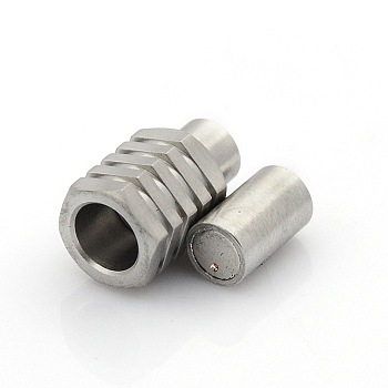 304 Stainless Steel Matte Surface Magnetic Clasps with Glue-in Ends, Hexagonal Prism, Stainless Steel Color, 20x10x9mm, Hole: 5mm