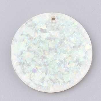 Resin Pendants, with Paillette, Flat Round, Light Cyan, 35x3.5mm, Hole: 1.5mm