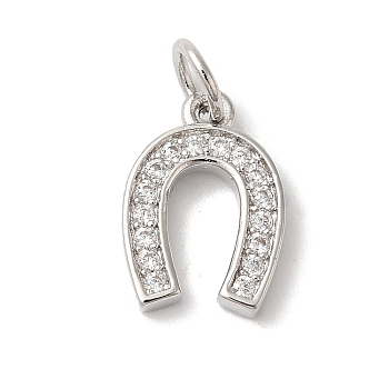 Rack Plating Brass Clear Cubic Zirconia Pendants, with Jump Ring, Long-Lasting Plated, Lead Free & Cadmium Free, Horse Shoes, Platinum, 13x9x2mm, Hole: 3mm