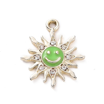 Alloy Enamel Pendants, with Crystal Rhinestone, Smiling Sun Charms, Golden, Lime Green, 22.5x19.5x2.5mm, Hole: 2mm