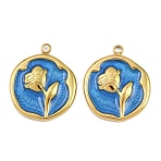 304 Stainless Steel with Enamel Pendants, Flower, Ion Plating(IP), Golden, Blue, 21.5x18.5x2.5mm, Hole: 1.8mm(STAS-Z166-18G-02)