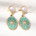 Brass Stud Earrings for Women, with Enamel and ABS Plastic Imitation Pearl, Oval with Sun, Rack Plating, Long-Lasting Plated, Lead Free & Cadmium Free, Real 18K Gold Plated, Turquoise, 36x14mm(KK-CBA9D38-04-02)