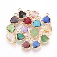 Glass Charms, with Brass Findings, Faceted, Triangle, Nickel Free, Raw(Unplated), Mixed Color, 12.5x9x4mm, Hole: 2mm(GLAA-S151-M)