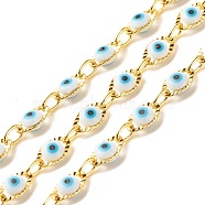 Brass Oval Link Chains, with Glass Evil Eye Beaded, Long-Lasting Plated, Soldered, with Spool, Golden, White, 10x6x3.5mm, 5.5x4x1mm(CHC-E024-05G-02)