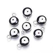 304 Stainless Steel Enamel Charms, Flat Round with Evil Eye, Stainless Steel Color, Black, 8.5x6x4mm, Hole: 1mm(STAS-G122-24D)