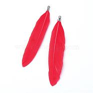 Goose Feather Pendants, Big Pendants, with Iron Findings, Platinum, Dyed, Red, 72~82x12~19mm, Hole: 1.5mm(FIND-Q055-P01)