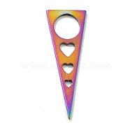 Ion Plating(IP) 201 Stainless Steel Pendants, Triangle with Heart, Rainbow Color, 22x8x1mm, Hole: 5mm(STAS-A066-11M)