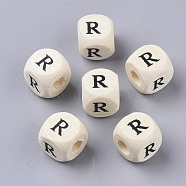 Printed Natural Wood Beads, Horizontal Hole, Cube with Initial Letter, PapayaWhip, Letter.R, 10x10x10mm, Hole: 3.5mm, about 1000pcs/500g(WOOD-T026-001R)