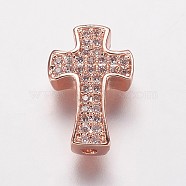 Brass Cubic Zirconia Beads, Cross, Clear, Rose Gold, 14x9x3.5mm, Hole: 1mm(KK-P134-09RG)