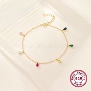 Colorful Cubic Zirconia Teardrop Charm Bracelets for Women, 925 Sterling Silver Jewelry, Real 18K Gold Plated, 6-3/4 inch(17cm)(BJEW-F455-01G)