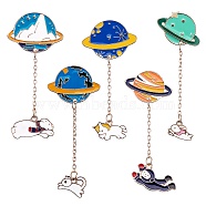 5Pcs 5 Style Planet with Animal Alloy Enamel Brooches, Enamel Pin for Backpack Clothing, Golden, Mixed Color, 63~68mm, 1pc/style(JEWB-SZ0001-23)