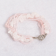 Rose Quartz Multi-strand Bracelets, with Glass Beads and Magnetic Clasps, 210~220mm(BJEW-L488-03)