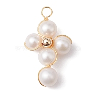 Grade A Natural Cultured Freshwater Pearl Pendants, Eco-Friendly Light Gold Plated Copper Wire Wrapped Cross Charms, Seashell Color, 30x17x8mm, Hole: 3mm(PALLOY-JF02225)
