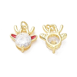 Brass with Clear Cubic Zirconia Enamel Pendants, Cadmium Free & Lead Free, Rack Plating, Christmas Theme, Deer Head, Real 18K Gold Plated, 15x13.5x5.8mm, Hole: 3.4mm(KK-G469-01G)