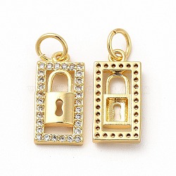 Rack Plating Brass Micro Pave Cubic Zirconia Pendants, with Jump Ring, Long-Lasting Plated, Rectangle with Padlock Charm, Real 18K Gold Plated, 15x7.5x2.5mm, Hole: 3.5mm(ZIRC-M120-03G)
