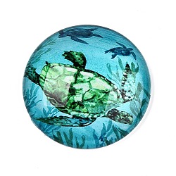 Glass Cabochons, Half Round with Ocean Theme, Medium Turquoise, Tortoise, 34.5x9.5mm(GGLA-T004-11D)