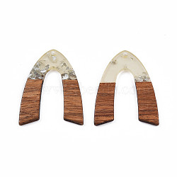 Transparent Resin & Walnut Wood Pendants, with Foil, V Shape Charm, Silver, 38x29x3mm, Hole: 2mm(RESI-N025-029-A02)