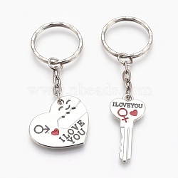 Alloy Enamel Split Pendant Keychain, with Rhinestone and Iron Key Rings, Heart with Key, Platinum, 73mm, 83mm, 2pcs/set(KEYC-JKC00170)