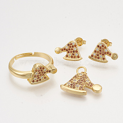 Brass Cubic Zirconia Pendants & Stud Earrings & Adjustable Rings Jewelry Sets, Christmas Hat, Golden, 15.5x19x2mm, hole: 3mm, 10x14mm, Pin: 0.7mm, Size 8, 18mm(SJEW-S043-10)