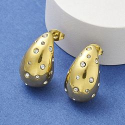 304 Stainless Steel Teardrop Stud Earrings, with Rhinestone, Real 18K Gold Plated, 22x14.5mm(EJEW-B108-05G-A)