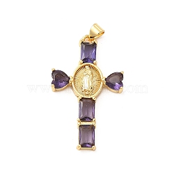 Rack Plating Brass Pendants, with Glass Cubic Zirconia, Religion Heart Cross with Virgin Mary Charm, Cadmium Free & Lead Free, Long-Lasting Plated, Real 18K Gold Plated, Purple, 39x23x4mm, Hole: 5x3mm(KK-D087-16G-01)