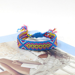 Polyester Braided Rhombus Pattern Cord Bracelet, Ethnic Tribal Adjustable Brazilian Bracelet for Women, Dodger Blue, 5-7/8 inch(15cm)(FIND-PW0013-004A-13)
