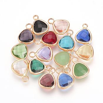 Glass Charms, with Brass Findings, Faceted, Triangle, Nickel Free, Raw(Unplated), Mixed Color, 12.5x9x4mm, Hole: 2mm