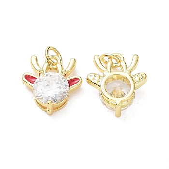Brass with Clear Cubic Zirconia Enamel Pendants, Cadmium Free & Lead Free, Rack Plating, Christmas Theme, Deer Head, Real 18K Gold Plated, 15x13.5x5.8mm, Hole: 3.4mm