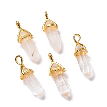 Natural Quartz Crystal Pendants, Rock Crystal Pendants, Grade A, with Golden Tone Brass Findings, Lead free & Cadmium Free, Faceted, Bullet, 27~30x9~10x7~8mm, Hole: 4x3mm