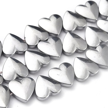 Non-magnetic Synthetic Hematite Beads Strands, Galvanic Plating(Color Retention for 1 Year), Heart, Platinum Plated, 10x10x3mm, Hole: 1mm, about 46pcs/strand, 16.14 inch(41cm)