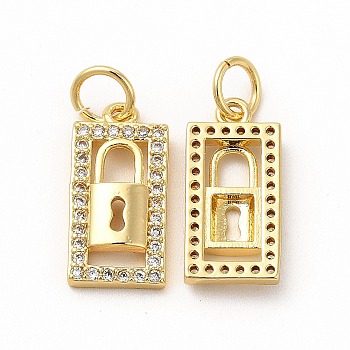 Rack Plating Brass Micro Pave Cubic Zirconia Pendants, with Jump Ring, Long-Lasting Plated, Rectangle with Padlock Charm, Real 18K Gold Plated, 15x7.5x2.5mm, Hole: 3.5mm