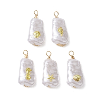 ABS Plastic Imitation Pearl Pendants, with Alloy Cabochons and Eco-Friendly Copper Wire, Mixed Shapes, 22.5~23x10~10.5x5.5~6mm, Hole: 1.8~2mm, about 5Pcs/Set