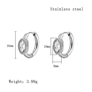 Cubic Zirconia Hoop Earrings, 304 Stainless Steel Earrings, Oval, 16x6mm