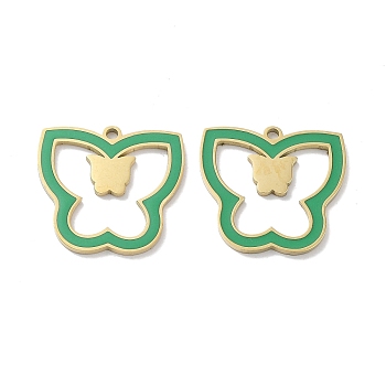 Ion Plating(IP) 304 Stainless Steel Pendants, with Enamel, Butterfly Charm, Golden, Medium Sea Green, 20x21.5x1.5mm, Hole: 1.6mm