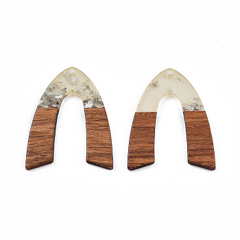 Transparent Resin & Walnut Wood Pendants, with Foil, V Shape Charm, Silver, 38x29x3mm, Hole: 2mm