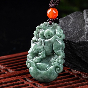 Natural Jadeite Pendant Necklaces, with Resin Bead and Wax Rope, the 12 Chinese Zodiac, Cattle, 26.85 inch(68.2cm), Pendant: 34.5x22.5mm