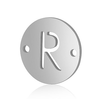 Titanium Steel Links connectors, Flat Round with Letter, Stainless Steel Color, Letter.R, 12x0.8mm, Hole: 0.8mm